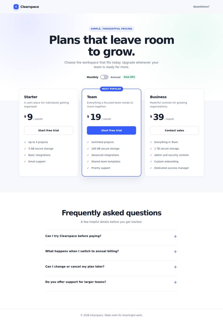 gpt-5.6-terra Websites output - Pricing page with a working billing toggle and FAQ accordion