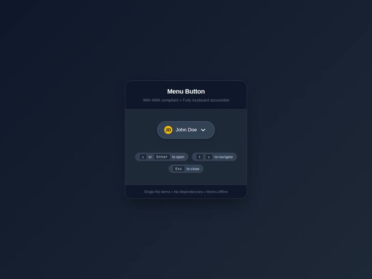 grok-4.20-reasoning rendering of the Keyboard-operable menu button with arrow-key navigation benchmark - composite 94.4%