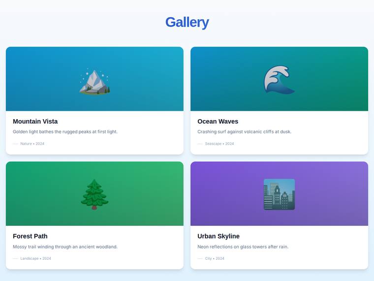grok-4.20-reasoning rendering of the Gallery grid that widens from one to four columns as the viewport grows benchmark - composite 0.0%
