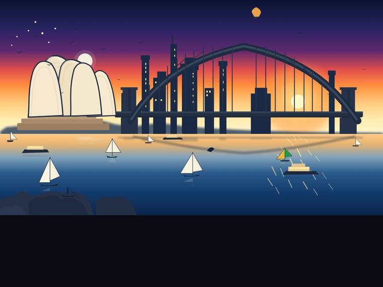 grok-4.20-reasoning rendering of the Sydney Harbour at golden hour (SVG scene) benchmark - composite 41.7%, judge 2.7/5