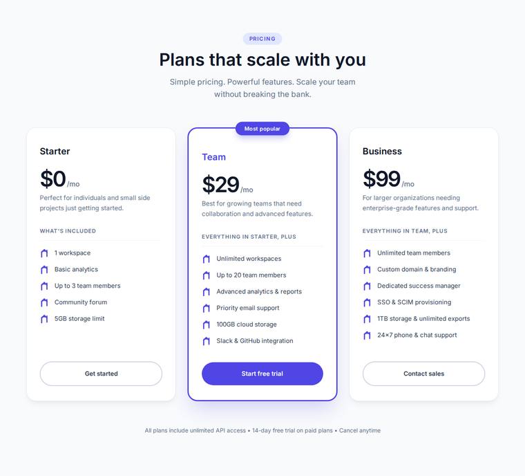 grok-4.20-reasoning rendering of the Reproduce a three-tier SaaS pricing page from its screenshot benchmark - composite 97.3%