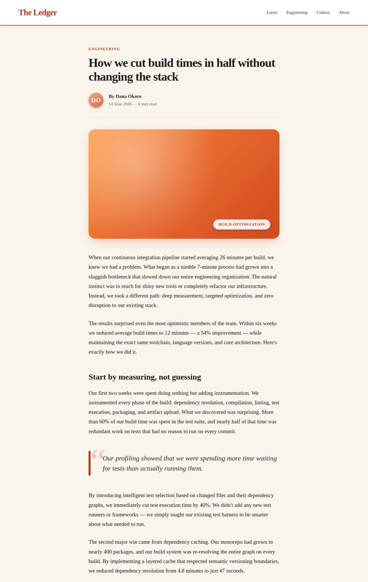 grok-4.20-reasoning rendering of the Reproduce an editorial blog article page from its screenshot benchmark - composite 87.2%