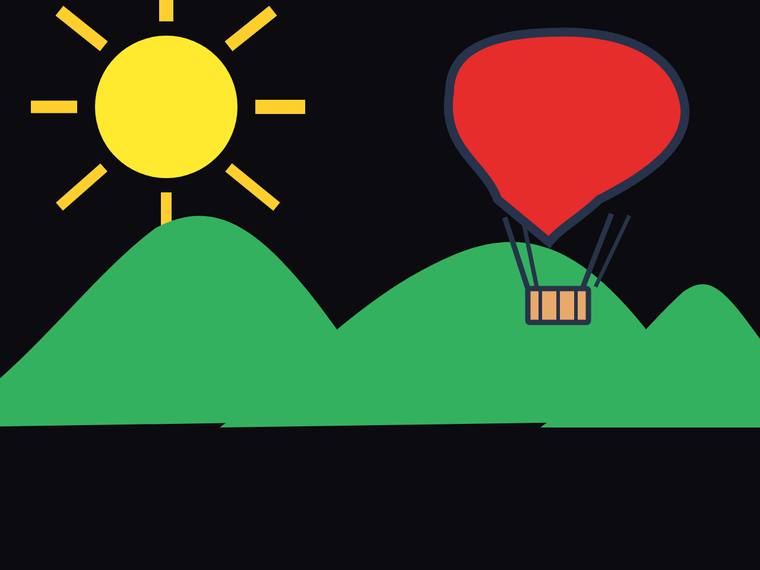grok-4.20-reasoning rendering of the Flat multi-object scene (sun, hills, hot-air balloon) benchmark - composite 100.0%