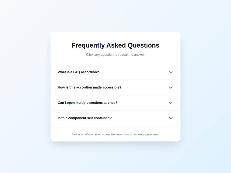 grok-4.20-reasoning rendering of the Accessible accordion FAQ that expands on click benchmark - composite 99.5%