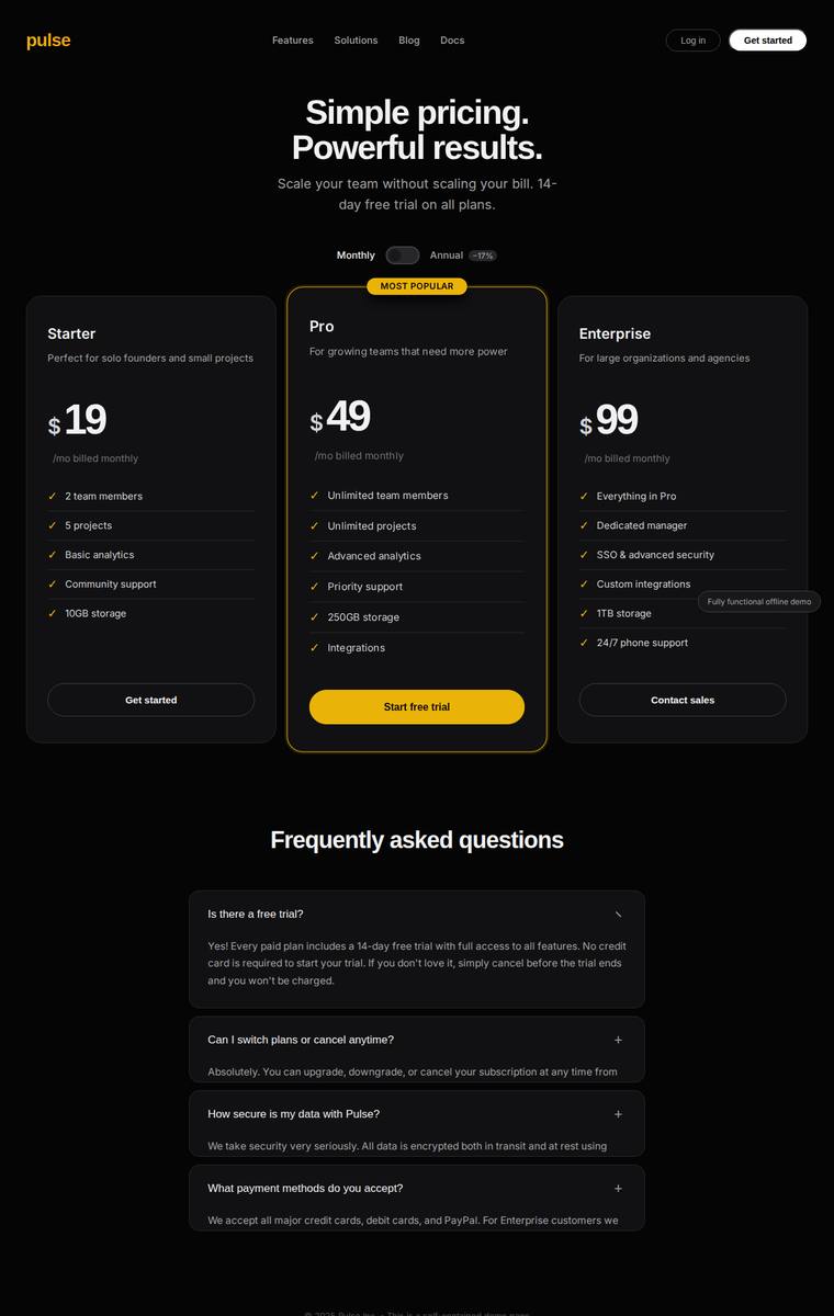 grok-4.20-reasoning rendering of the Pricing page with a working billing toggle and FAQ accordion benchmark - composite 60.0%