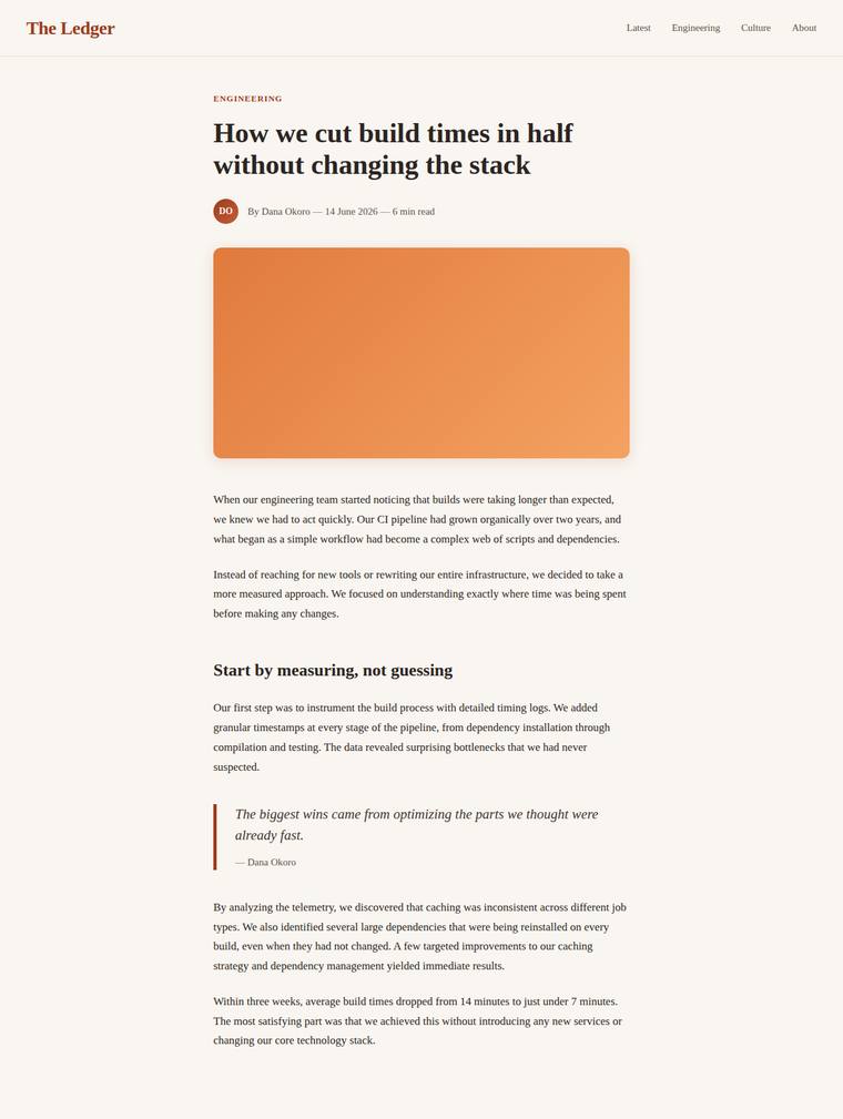 grok-4.3 rendering of the Reproduce an editorial blog article page from its screenshot benchmark - composite 91.5%