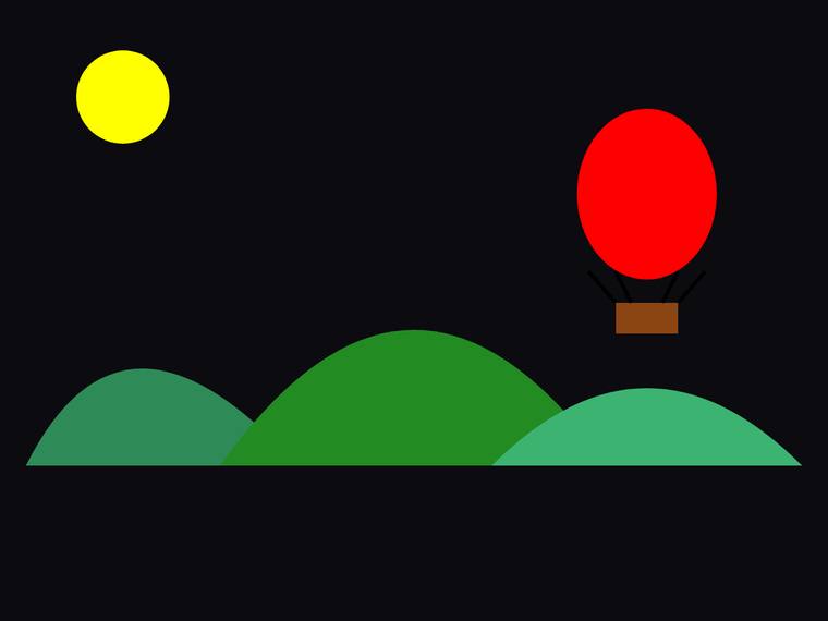 grok-4.3 rendering of the Flat multi-object scene (sun, hills, hot-air balloon) benchmark - composite 100.0%