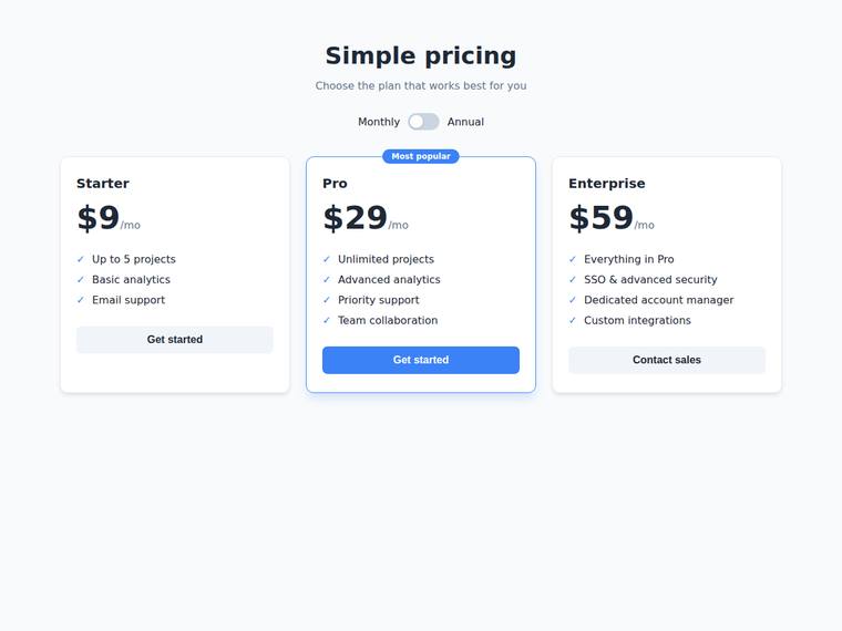 grok-4.3 rendering of the Accessible pricing card with a monthly/annual toggle benchmark - composite 98.4%