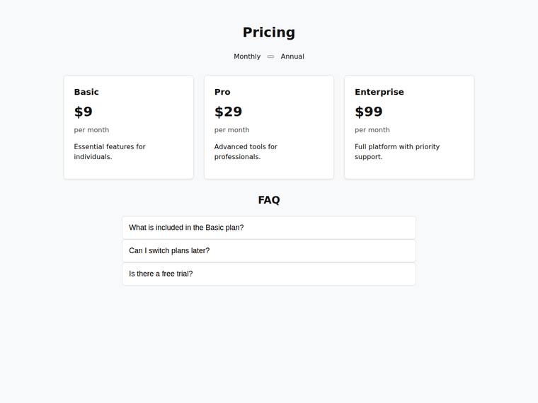 grok-4.3 rendering of the Pricing page with a working billing toggle and FAQ accordion benchmark - composite 54.3%