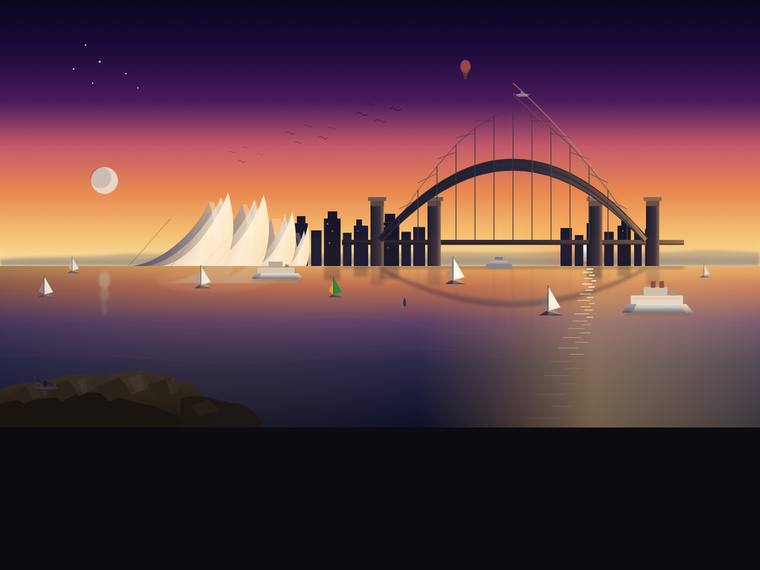 grok-4.5 svg-scene output - Sydney Harbour at golden hour (SVG scene)