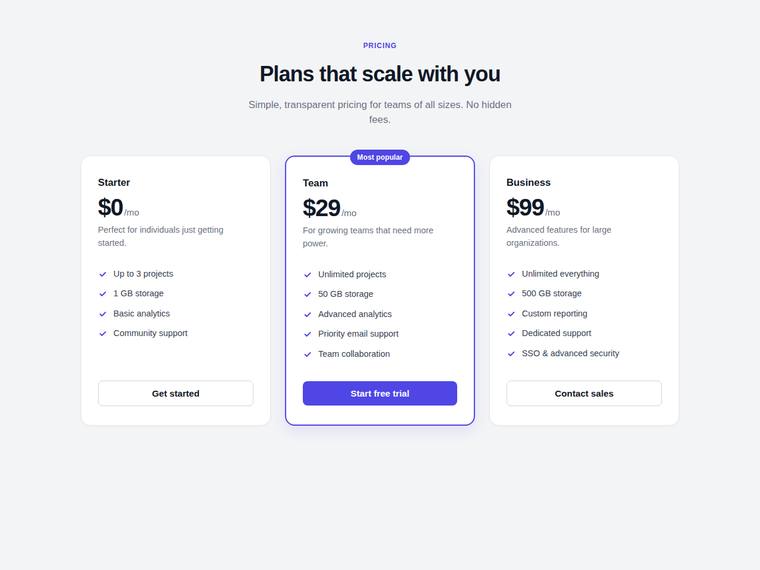 grok-4.5 Websites output - Reproduce a three-tier SaaS pricing page from its screenshot