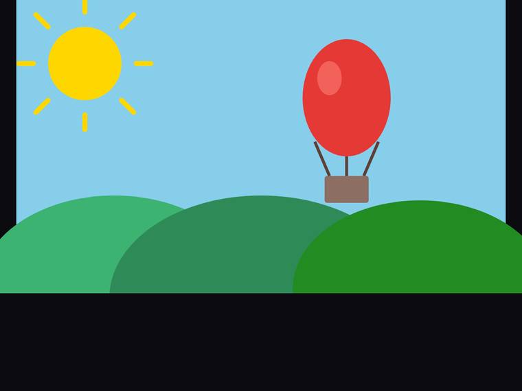 grok-4.5 SVG and graphics output - Flat multi-object scene (sun, hills, hot-air balloon)