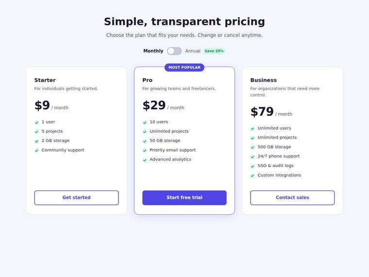 grok-4.5 UI components output - Accessible pricing card with a monthly/annual toggle