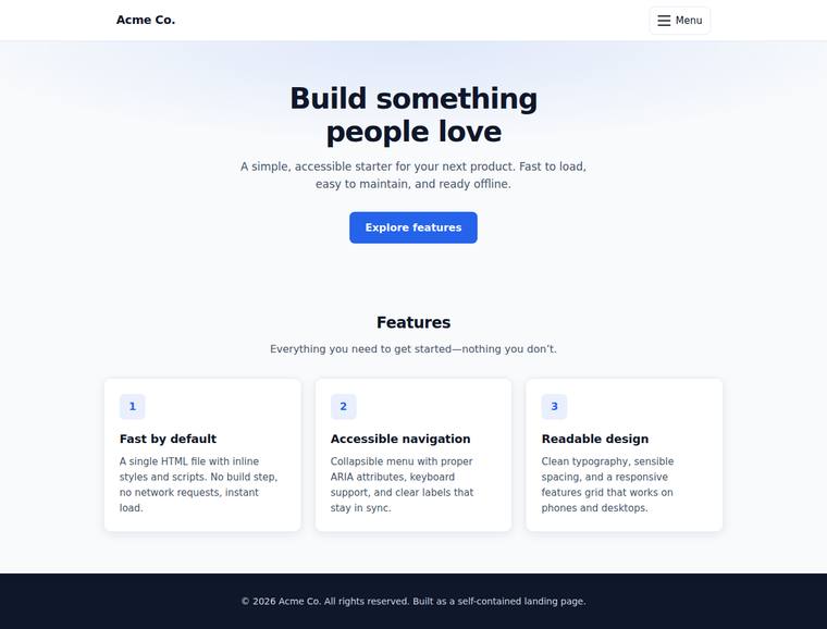 grok-4.5 Websites output - Landing page with a working mobile nav toggle