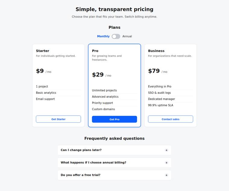 grok-4.5 Websites output - Pricing page with a working billing toggle and FAQ accordion