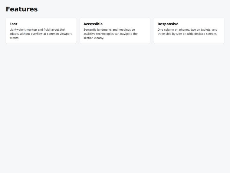 grok-4.5 Websites output - Feature grid that reflows from one to two to three columns