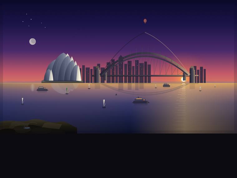 grok-4.5 svg-scene output - Sydney Harbour at golden hour (SVG scene)
