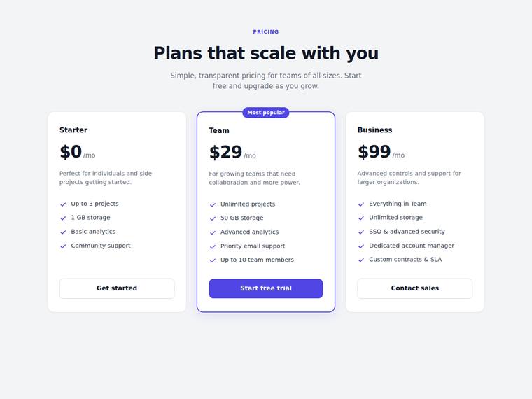 grok-4.5 Websites output - Reproduce a three-tier SaaS pricing page from its screenshot
