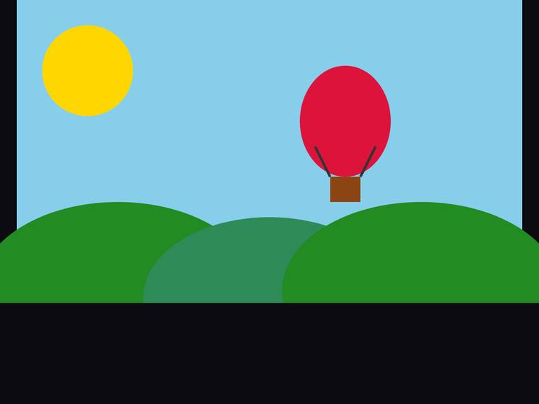 grok-4.5 SVG and graphics output - Flat multi-object scene (sun, hills, hot-air balloon)