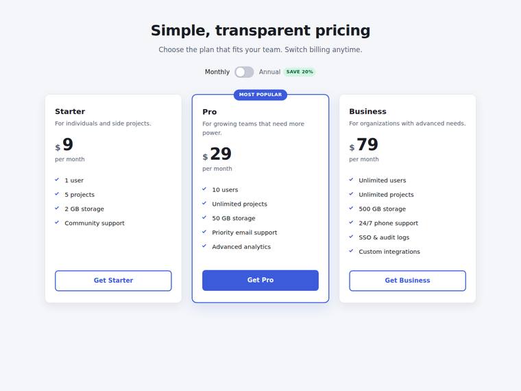 grok-4.5 UI components output - Accessible pricing card with a monthly/annual toggle