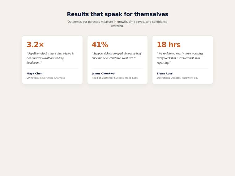 grok-4.5 UI components output - Stat and testimonial card grid