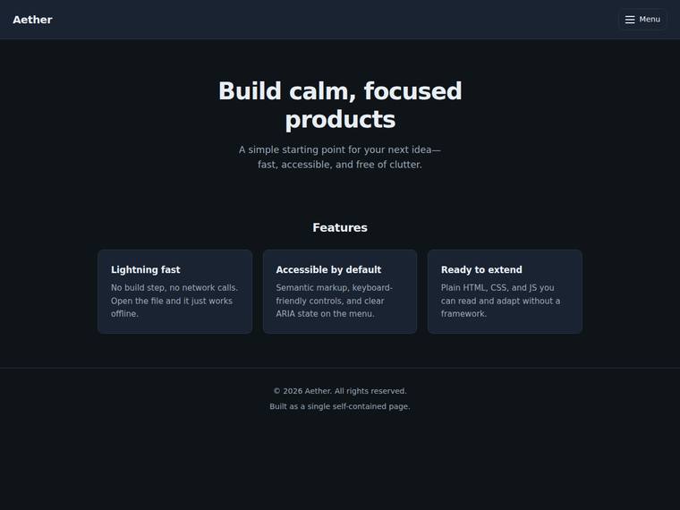 grok-4.5 Websites output - Landing page with a working mobile nav toggle