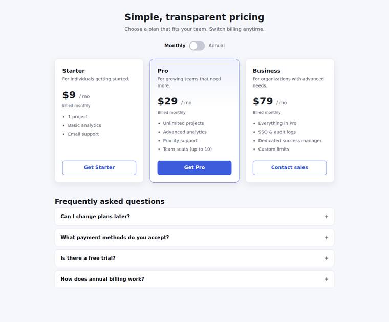 grok-4.5 Websites output - Pricing page with a working billing toggle and FAQ accordion