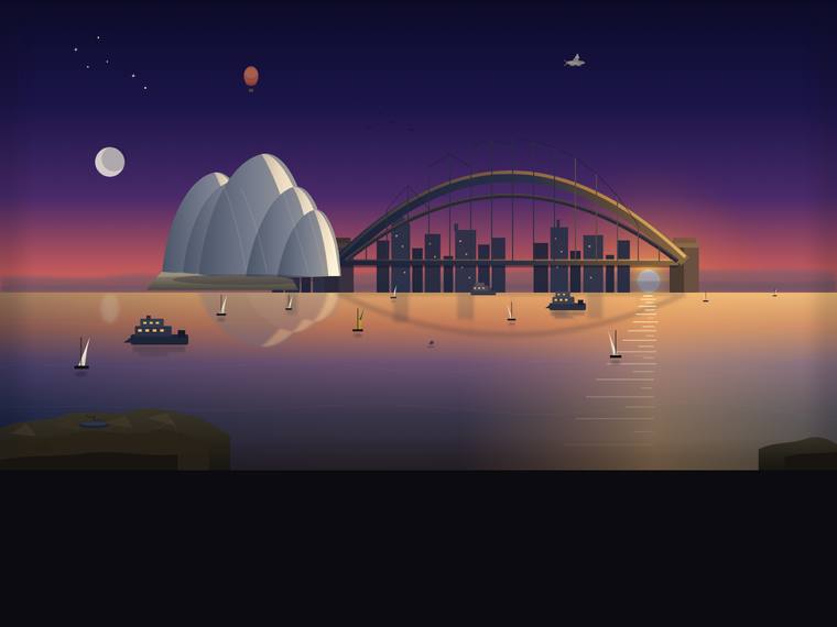 grok-4.5 svg-scene output - Sydney Harbour at golden hour (SVG scene)