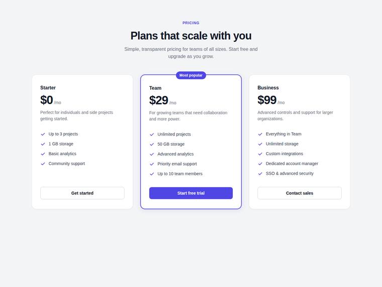 grok-4.5 Websites output - Reproduce a three-tier SaaS pricing page from its screenshot