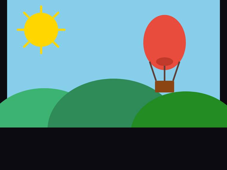 grok-4.5 SVG and graphics output - Flat multi-object scene (sun, hills, hot-air balloon)