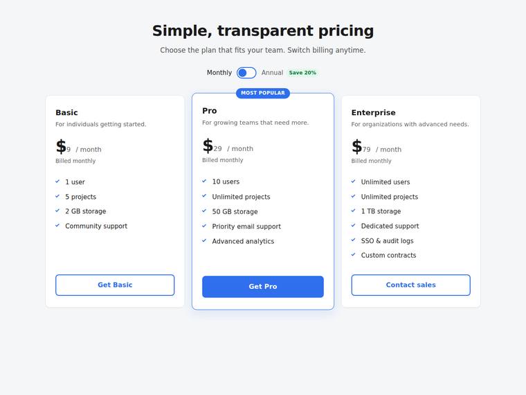 grok-4.5 UI components output - Accessible pricing card with a monthly/annual toggle