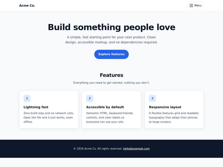grok-4.5 Websites output - Landing page with a working mobile nav toggle