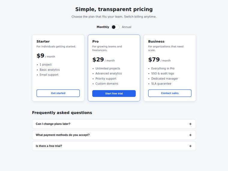 grok-4.5 Websites output - Pricing page with a working billing toggle and FAQ accordion
