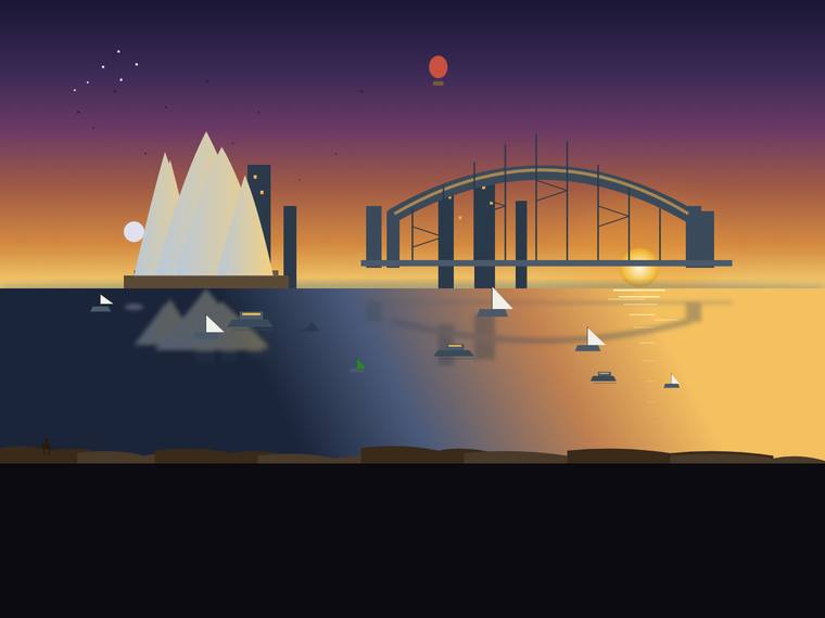 grok-build-0.1 rendering of the Sydney Harbour at golden hour (SVG scene) benchmark - composite 41.7%, judge 2.7/5