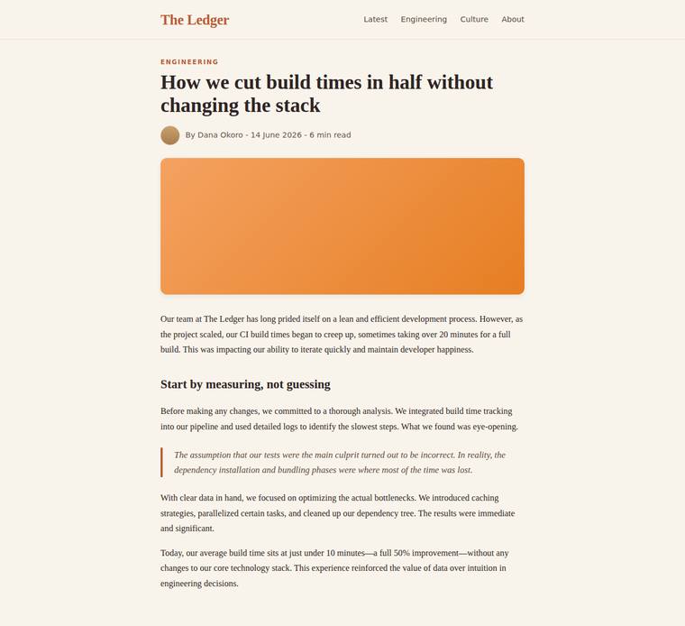grok-build-0.1 rendering of the Reproduce an editorial blog article page from its screenshot benchmark - composite 90.0%