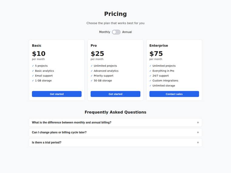 grok-build-0.1 rendering of the Pricing page with a working billing toggle and FAQ accordion benchmark - composite 95.4%