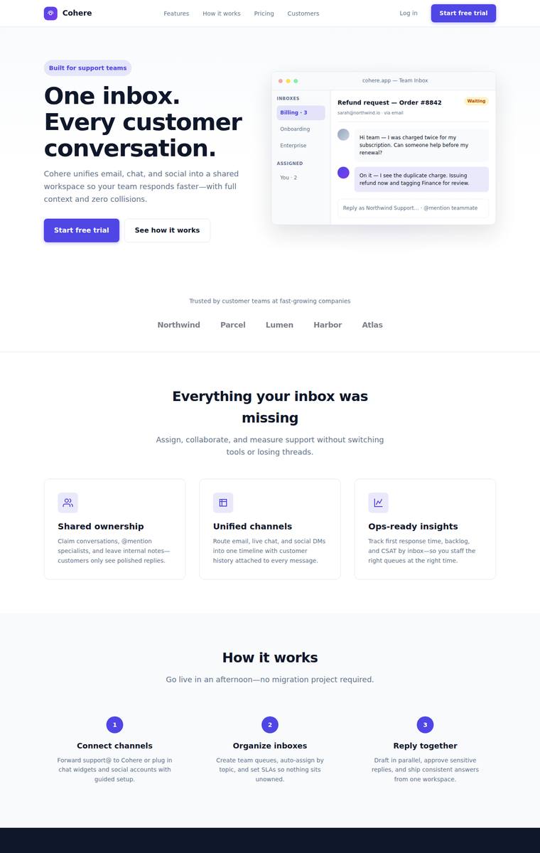 grok-composer-2.5-fast rendering of the Marketing landing page benchmark - composite 75.0%, judge 4.0/5