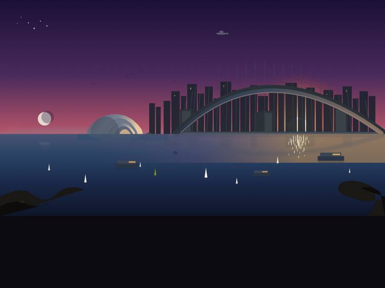 grok-composer-2.5-fast rendering of the Sydney Harbour at golden hour (SVG scene) benchmark - composite 41.7%, judge 2.7/5