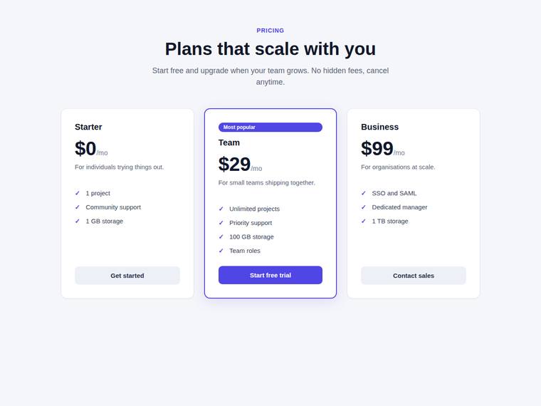 grok-composer-2.5-fast rendering of the Reproduce a three-tier SaaS pricing page from its screenshot benchmark - composite 98.9%