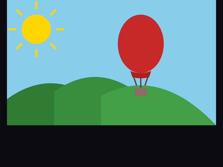 grok-composer-2.5-fast rendering of the Flat multi-object scene (sun, hills, hot-air balloon) benchmark - composite 100.0%