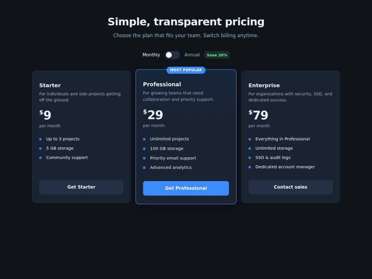 grok-composer-2.5-fast rendering of the Accessible pricing card with a monthly/annual toggle benchmark - composite 98.7%