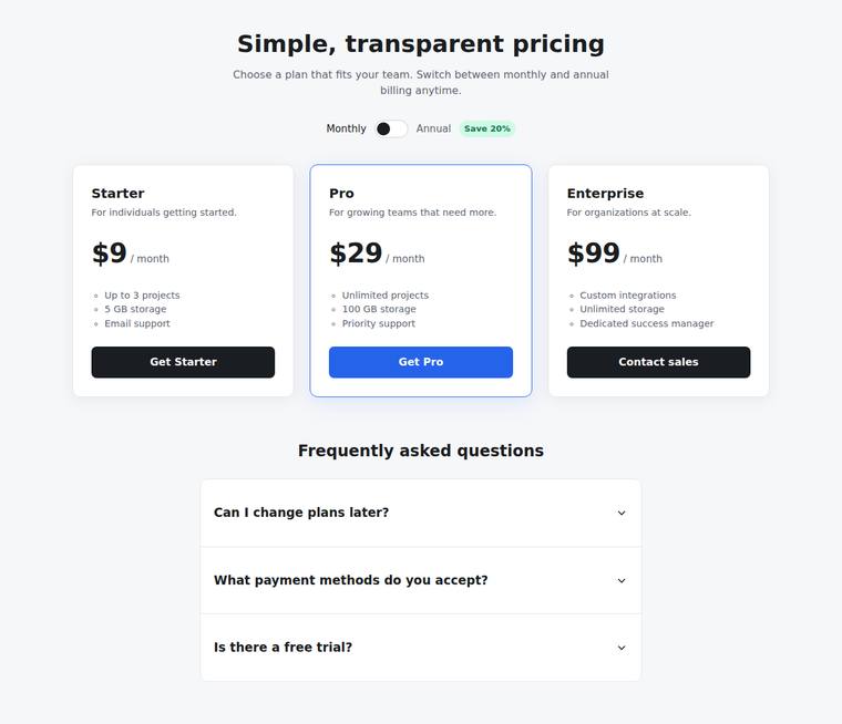 grok-composer-2.5-fast rendering of the Pricing page with a working billing toggle and FAQ accordion benchmark - composite 99.9%