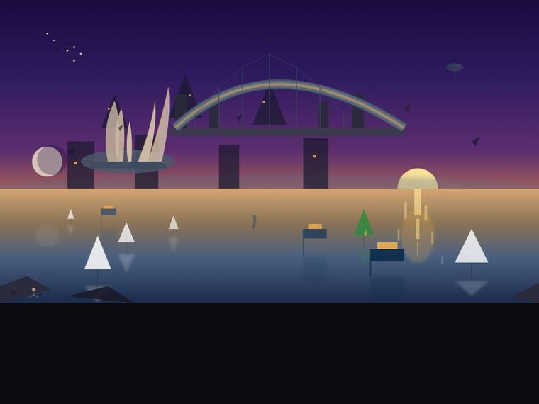 claude-haiku-4-5 rendering of the Sydney Harbour at golden hour (SVG scene) benchmark - composite 41.7%, judge 2.7/5