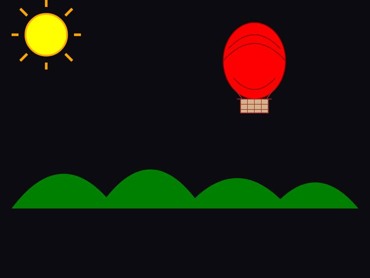 claude-haiku-4-5 rendering of the Flat multi-object scene (sun, hills, hot-air balloon) benchmark - composite 100.0%