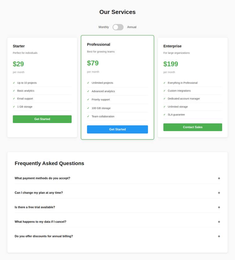 claude-haiku-4-5 rendering of the Pricing page with a working billing toggle and FAQ accordion benchmark - composite 95.2%