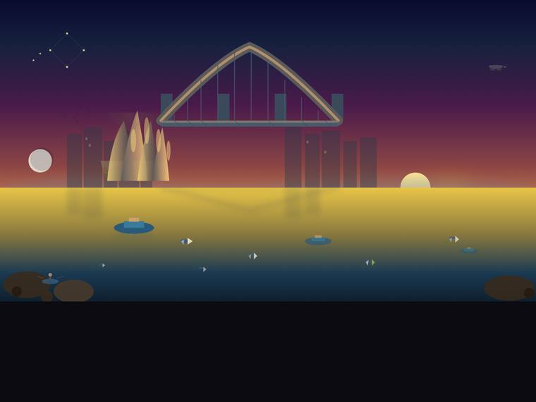 claude-haiku-4-5 rendering of the Sydney Harbour at golden hour (SVG scene) benchmark - composite 54.2%, judge 3.2/5