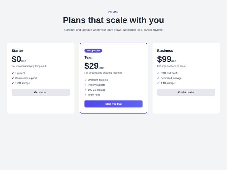 claude-haiku-4-5 rendering of the Reproduce a three-tier SaaS pricing page from its screenshot benchmark - composite 97.9%