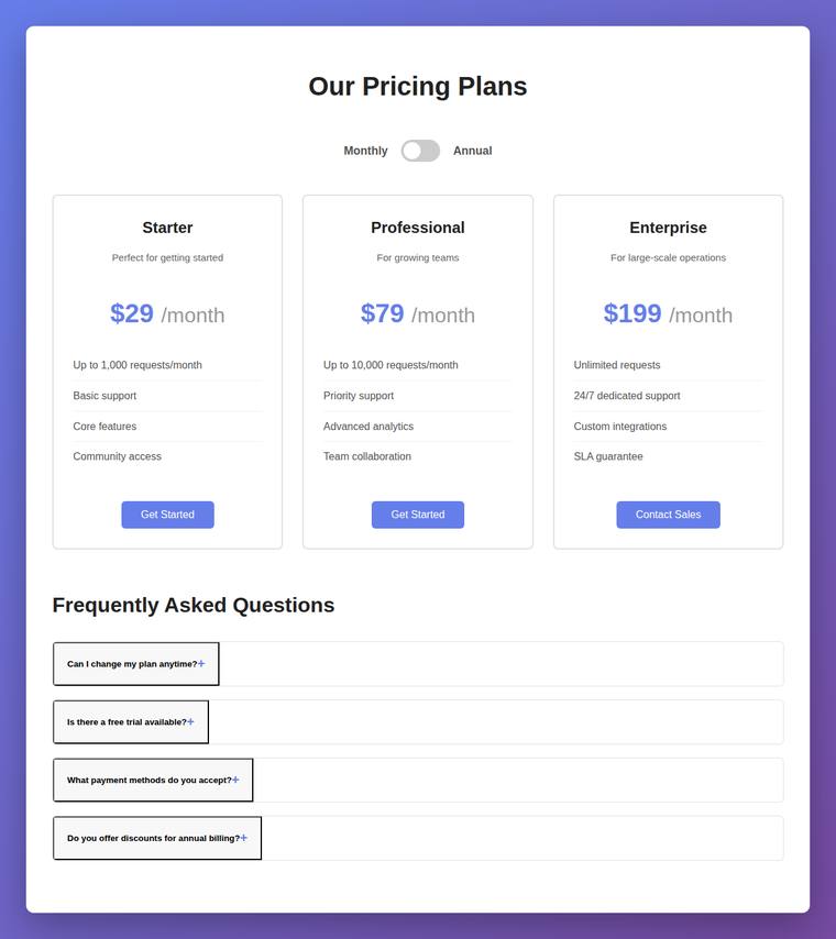claude-haiku-4-5 rendering of the Pricing page with a working billing toggle and FAQ accordion benchmark - composite 57.5%