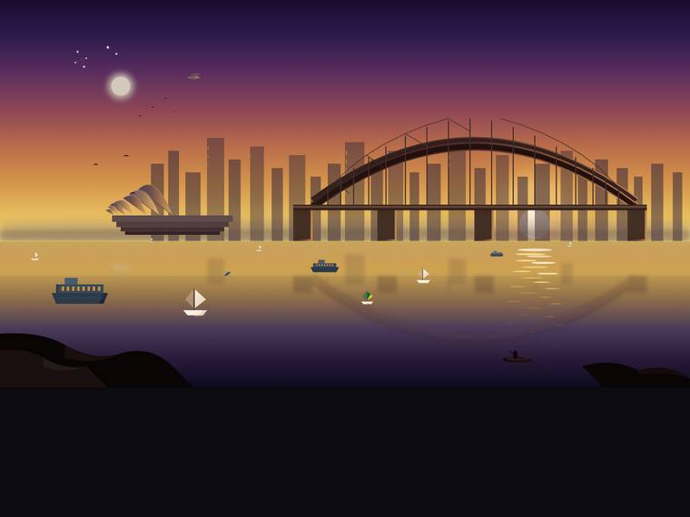 kimi-k2.7-code rendering of the Sydney Harbour at golden hour (SVG scene) benchmark - composite 64.1%, judge 3.6/5