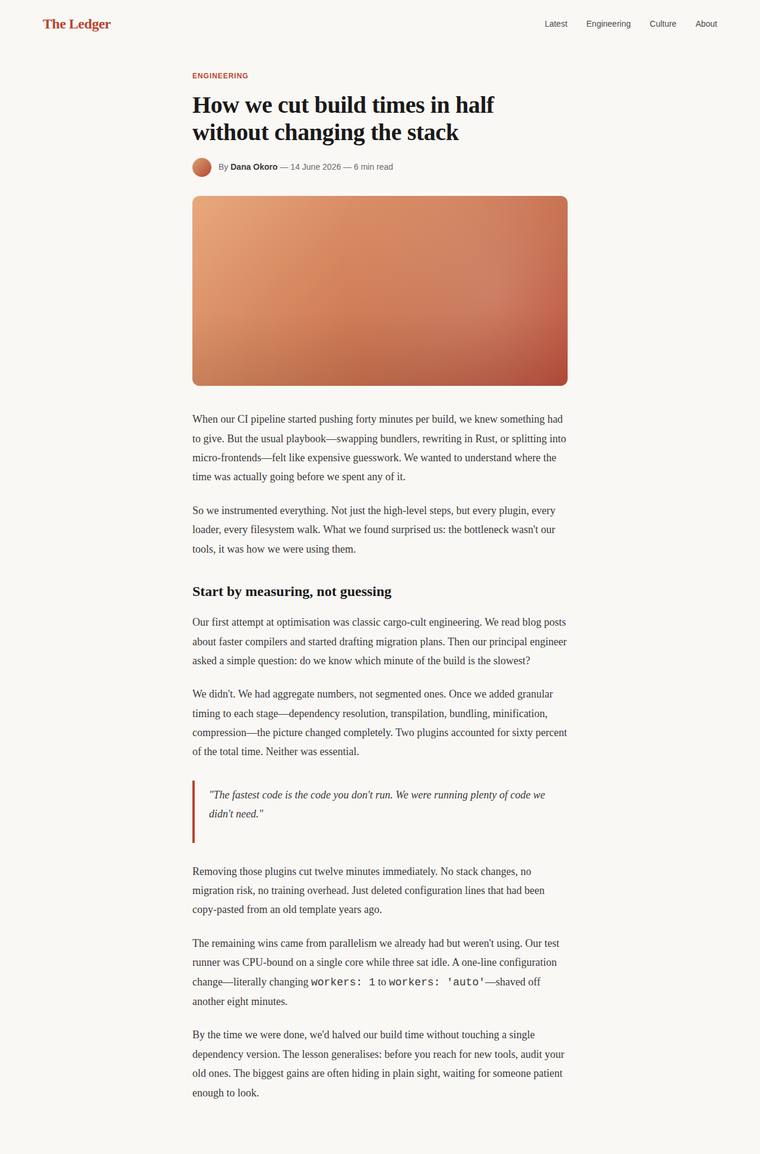 kimi-k2.7-code rendering of the Reproduce an editorial blog article page from its screenshot benchmark - composite 93.4%